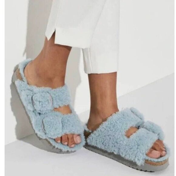Birkenstock Papillio Arizona Shearling Teddy Faded Aqua Size 7 Narrow - Picture 1 of 6